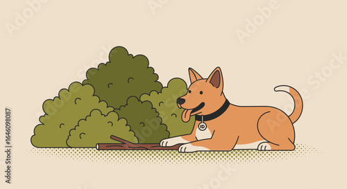 Dog With Stick Cartoon Illustration Happy Animal Companion Outdoor Scene