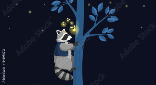 Cute raccoon wearing a vest climbing a blue tree at night with fireflies shining
