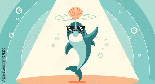 Cool Dolphin Balances Shell With Sunglasses On Summer Festive Ocean Theme