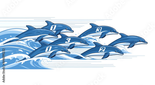 Dolphin race illustration in blue tones with dolphins numbered in a competition vector art for children and prints in summer theme