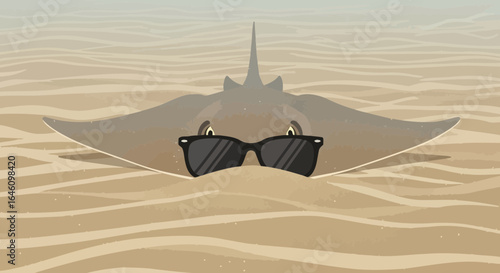 Cool Stingray With Sunglasses Hiding In Sand, Funny Aquatic Animal
