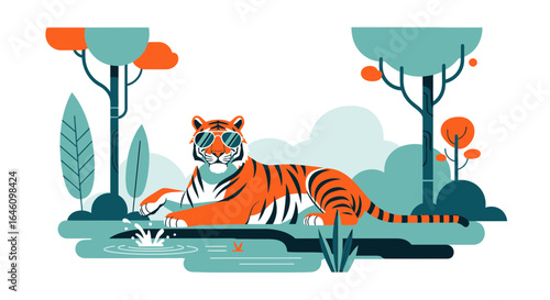 Cool tiger lounging by a refreshing watering hole in a stylish flat design scene