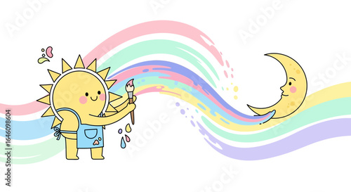 Cute sun painting pastel rainbow connecting to moon illustration vector style