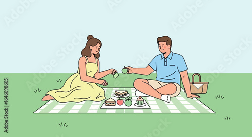 Couple enjoying a picnic in the park with food and drinks on a sunny day showing affection and companionship under the blue sky
