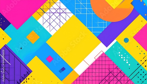 Abstract Memphis Style Composition with Geometric Shapes and a Colorful Bright Background