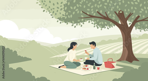 Couple enjoying a serene picnic in a picturesque landscape beneath a large tree and gentle hills