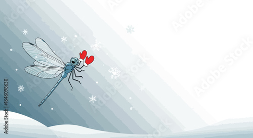 Dragonfly Wearing Mittens In Winter Wonderland With Snowflakes And Sky Tones