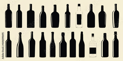Elegant Wine Bottles Silhouettes Collection with Various Shapes for Restaurant Menu and Alcohol Branding a Versatile Selection of Dark Glass Bottles for Festive Occasions and Drink Industry Mockups
