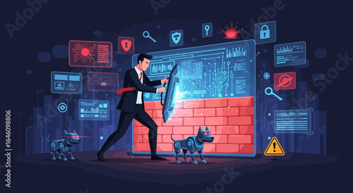 Cybersecurity professional protects digital assets with a shield, cybersecurity concept illustration showcasing data defense strategy