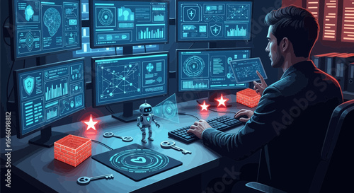 Cybersecurity specialist analyzing data streams for threat detection in a secure environment