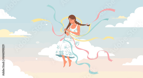 Dreamy Braiding Girl on Cloud in Pastel Skies with Flowing Ribbons