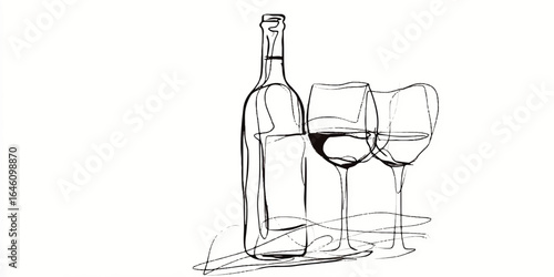 Elegant Wine Bottle and Glasses Line Art Illustration for Restaurant or Bar Promotion Minimalist Design Ideal for Wine Tasting Events and Celebrations with Artistic Flair