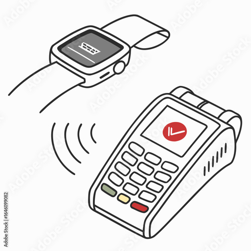 Point-of-sale (POS) terminal with a wireless signal, illustrating a contactless payment transaction.