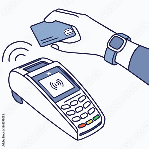 Hand holding a credit card over a POS terminal, showing a contactless payment in progress.