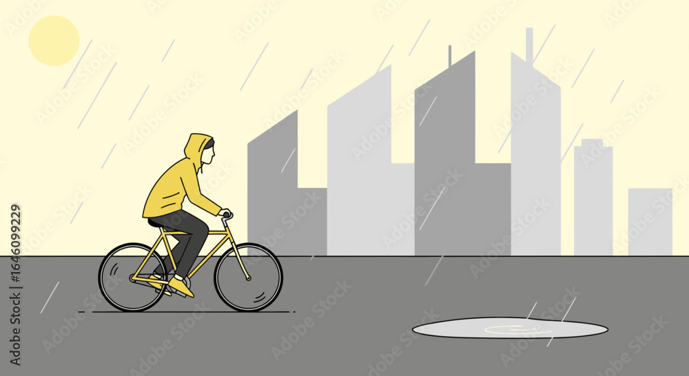 Fototapeta premium Cyclist riding in the rain against a backdrop of city buildings illustration