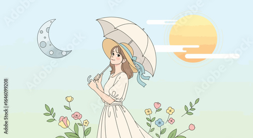 Dreamy illustration of a woman in a field of flowers under the moon and sun