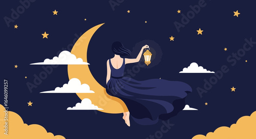 Dreamy illustration of a woman sitting on the moon holding a glowing lantern gazing at the starry sky