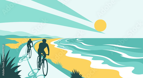 Cyclists enjoy a scenic bike ride along the coast at sunset in a minimalist style landscape illustration