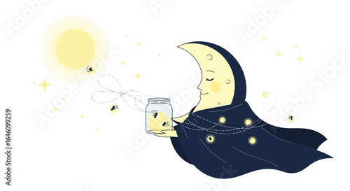Dreamy Illustration of Crescent Moon Holding Fireflies in a Jar under a Glowing Sun