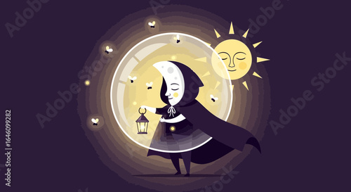 Dreamy Illustration of Moon Child with Lantern and Sleeping Sun in a Circle Frame