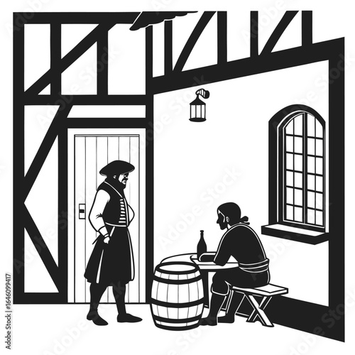 Medieval tavern scene silhouette