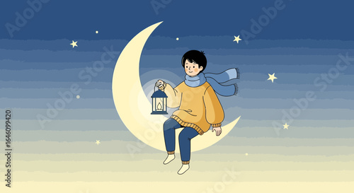 Dreamy night illustration of a boy on the moon with a lantern amid stars against a gradient background
