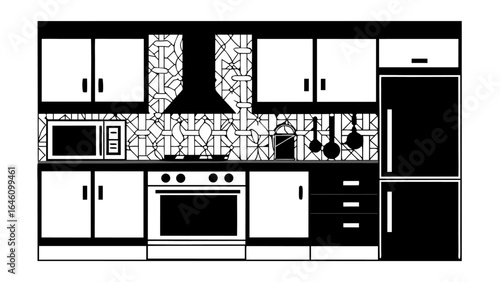 A monochrome kitchen scene featuring cabinets, appliances, and decorative backsplash in a clean design silhouette