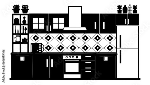 Monochrome kitchen interior with cabinets appliances and decorative elements in a simple vector style silhouette