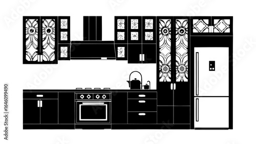 A monochrome kitchen design featuring detailed cabinets and modern appliances in a sleek layout style silhouette