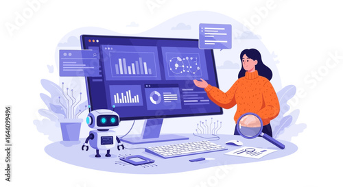 Data analysis and machine learning illustration depicting woman and robot working with data visualization on computer