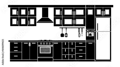 Detailed kitchen interior silhouette featuring cabinets stove refrigerator and hanging utensils design element