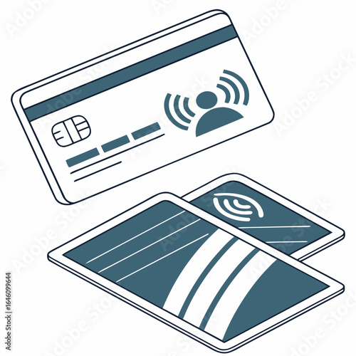 Set of credit cards with a wireless signal icon, indicating contactless payment.