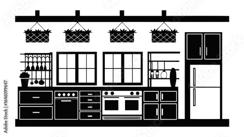 A kitchen interior with appliances cabinets windows and hanging plants in a black and white illustration silhouette