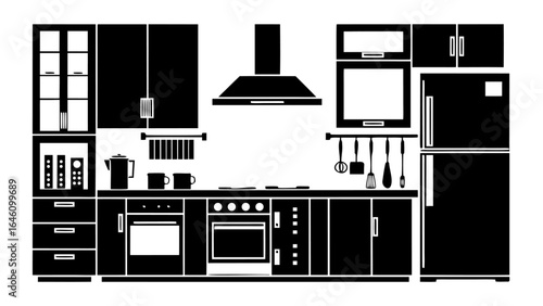 Illustration of a kitchen interior with cabinets appliances and utensils in black and white silhouette style