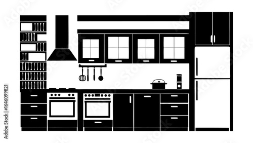 Illustration of a kitchen interior with cabinets, oven, refrigerator, and various kitchen utensils and items silhouette