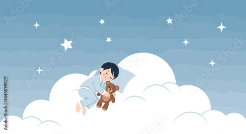 Dreamy slumber: Boy sleeping peacefully with his teddy bear on a soft cloud under a starlit sky
