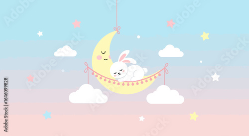 Dreamy slumber illustration featuring a bunny sleeping on a moon hammock with soft pastel gradient background