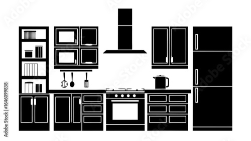 Illustration of a kitchen interior with cabinets, appliances, and kitchenware in black and white style silhouette