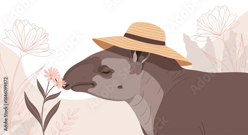 Dreamy Tapir Smelling Blooms Under Shady Hat In Muted Earth Tone Background