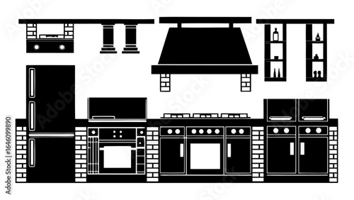 Detailed black and white kitchen layout featuring appliances cabinets and brickwork in a modern design style silhouette