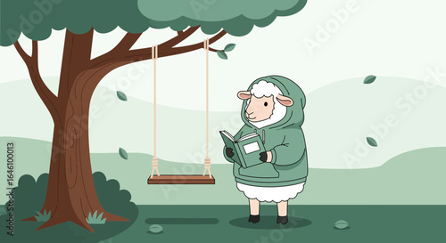Cozy Sheep Enjoying A Good Book Underneath A Shady Tree With A Swing