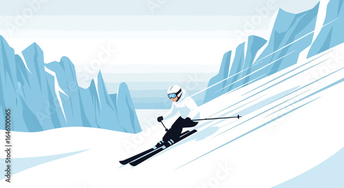 Dynamic downhill skier in winter landscape illustration for adventurous activities