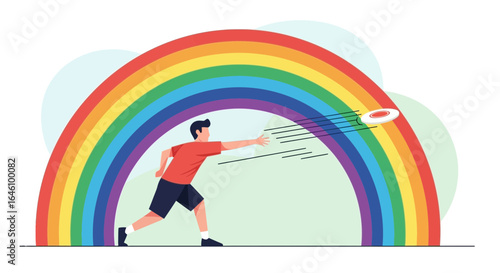 Dynamic Frisbee Thrower Silhouetted Against Vibrant Rainbow Colorful Active Illustration