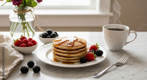 Sunlit Morning Breakfast with Pancakes, Dripping Syrup, Fresh Berries, and Steaming Coffee