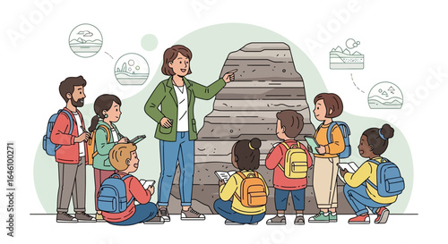 Educational geological field trip with teacher explaining rock formations to students outdoors