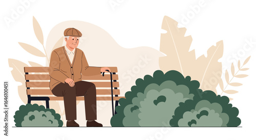 Elderly man sitting on a park bench with a cane enjoying a peaceful moment in nature