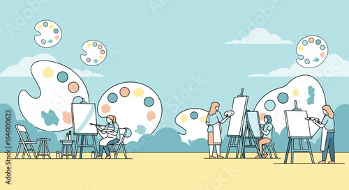 Creative art class with artists painting on canvas outdoors under a clear sky and paint palette shapes surrounding them in light blue background