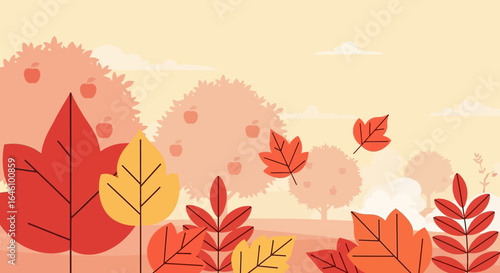 Delicate Autumnal Design With Foliage And Trees On A Beige Background