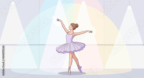Elegant ballerina performing a graceful ballet dance under colorful stage lights artfully drawn