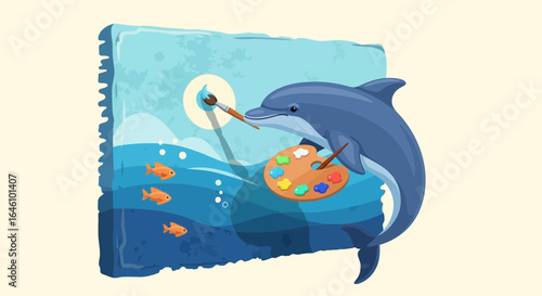 Creative dolphin artist painting seascape with vibrant colors and playful fish illustration